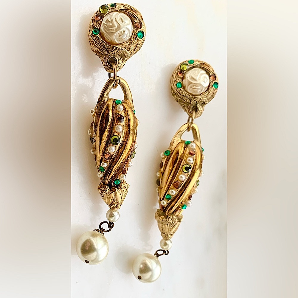 Vintage c 1960 Gold and White Ornate Pearl Drop Earrings